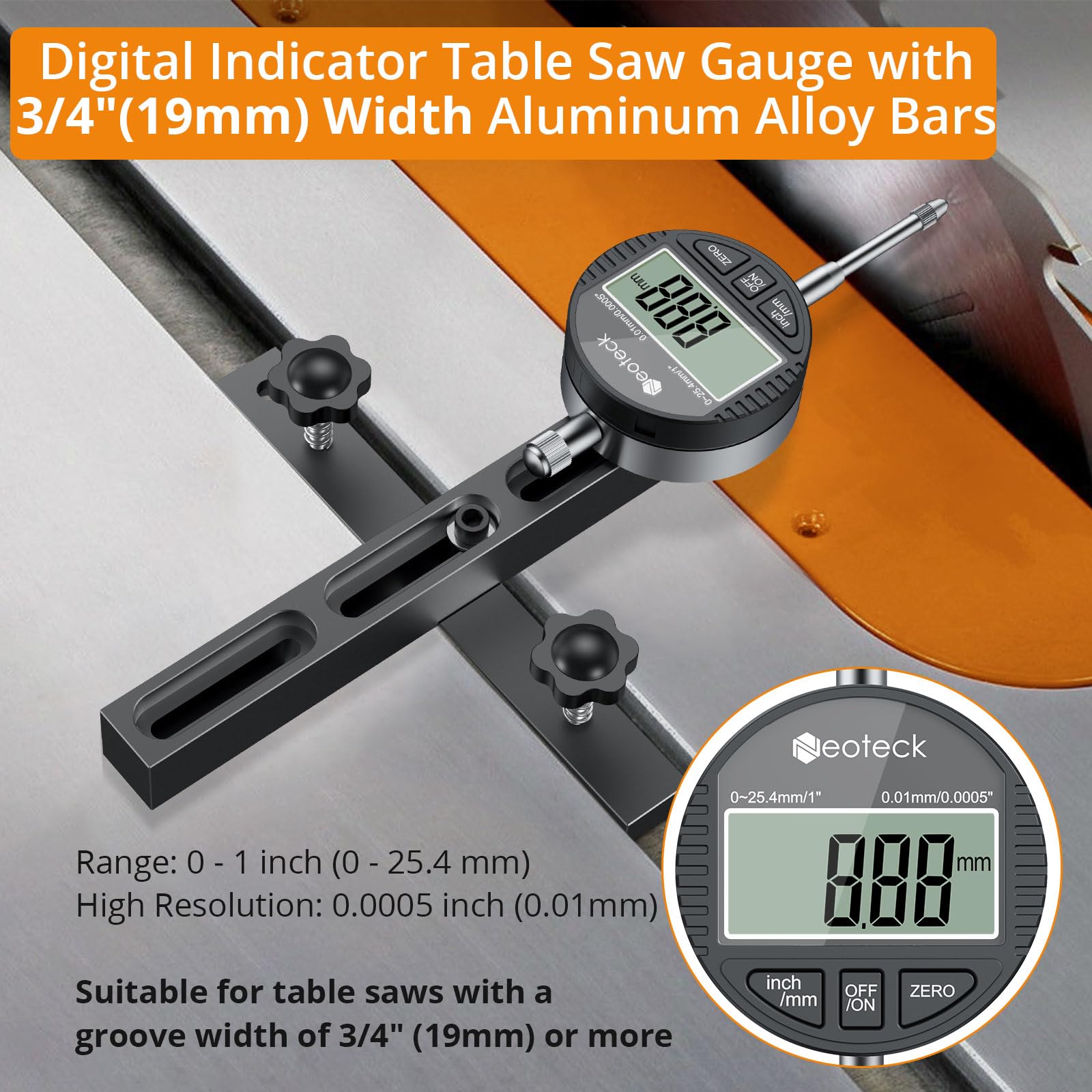 Neoteck 0-1'' Digital Dial Indicator Table Saw Gauge Suitable for Table Saws with a Groove Width of 3/4" (19mm) or more for Aligning and Calibrating Work,Shop Machinery,Band Saw and Drill Press-Black