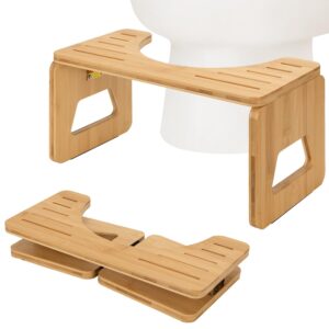 toilet stool squat adult and kids - 8 inches foldable poop stool for bathroom bamboo flip potty stool with anti-slip layer - improve bathroom posture and comfort (natural color)