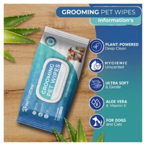 VET PRIME CARE Pet Grooming Wipes for Dogs & Cats, 8” x 8” Plant-Based, Wipes for Cleaning & Deodorizing, Suitable for Pets Body Like Face, Paws, Belly, and Butt, Unscented - 100 Count