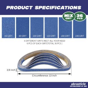 3/8" x 13" Zirconia Sanding Belts for Metal, 3/8 x 13 Inch Zirconia Metal Grinding Sand Paper, 36 PCS 6 Each of 60/80/100/120/180/240 Assorted Grits