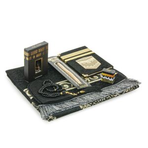 ihvan online Prayer Gift Set for Men & Women, Muslim Prayer Rug, Prayer Mat, Beads Taasbih, Velvet Covered Yaseen, Muslim Kufi Hat, Miswak, Islamic Gift Set for Ramadan & Eid, Black