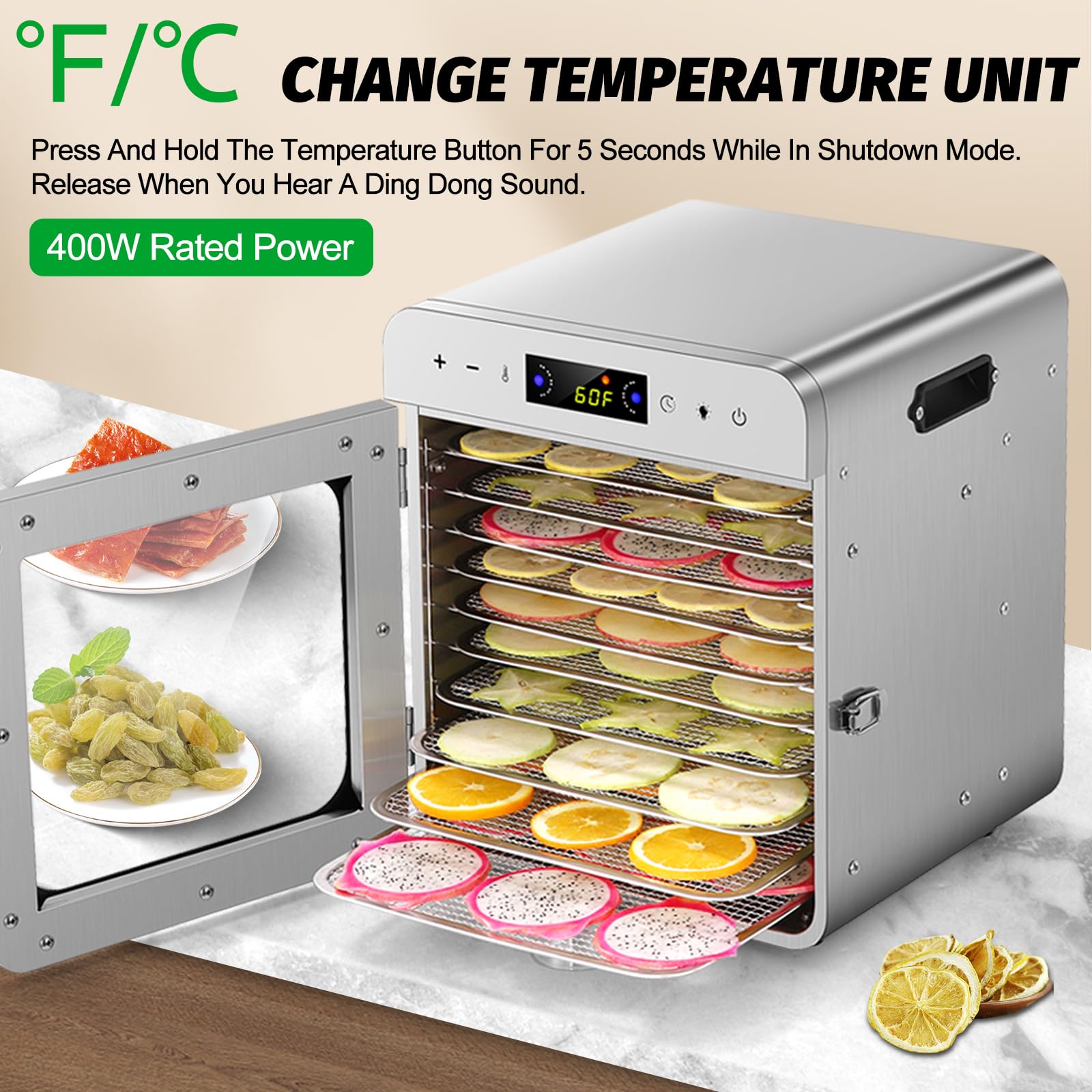 SEASAND Food Dehydrator Machine | 10 Stainless Steel Trays, Ozone Deodorization, Independently Control Temperature And Time, Rear-Mounted Fan, 24 Hours Timer - Max Temperature 194℉