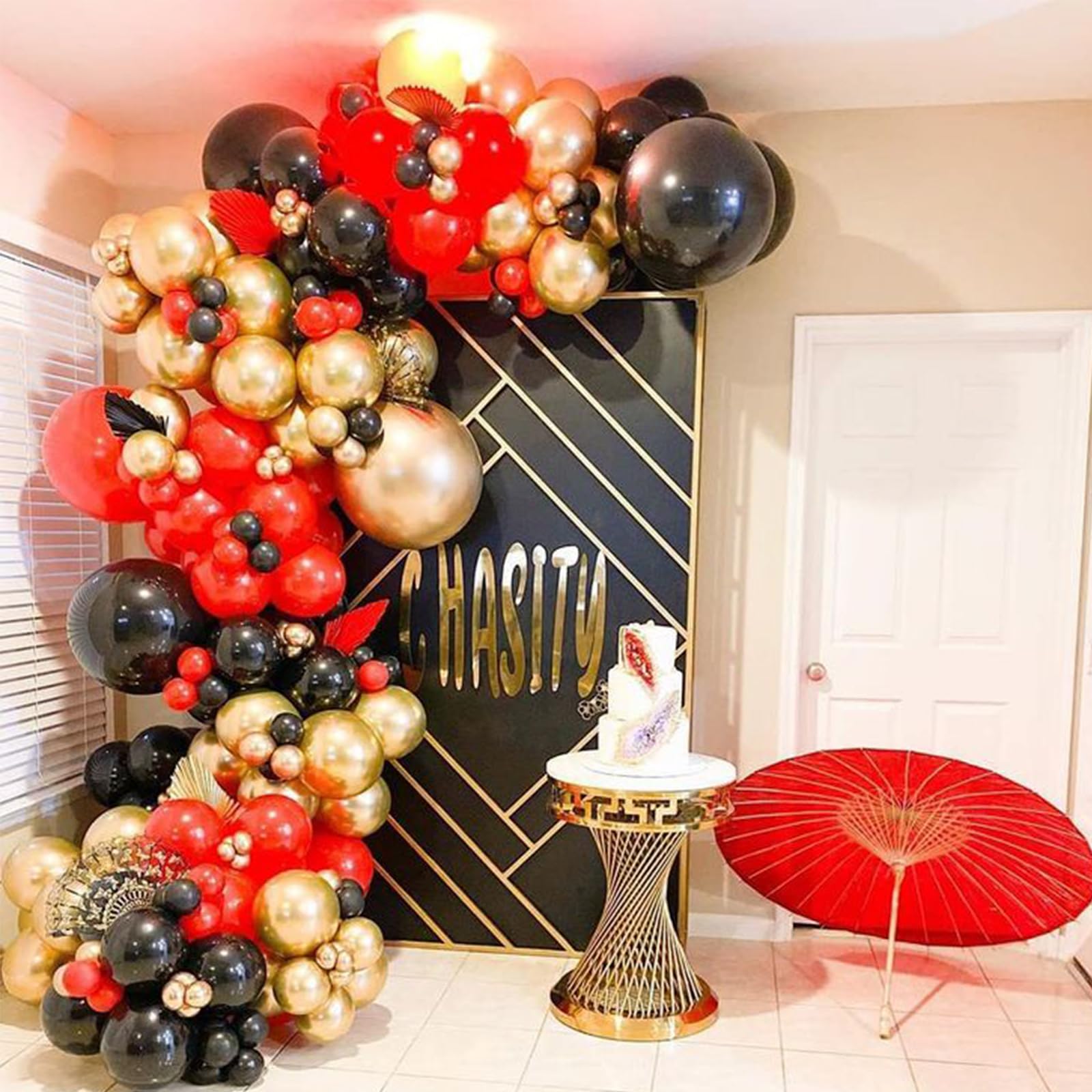 PartyWoo Red Black Gold Balloons, 140 pcs Red Black and Chrome Gold Balloons Different Sizes Pack of 18 Inch 12 Inch 10 Inch 5 Inch for Balloon Garland as Graduation Decorations, Party Decorations