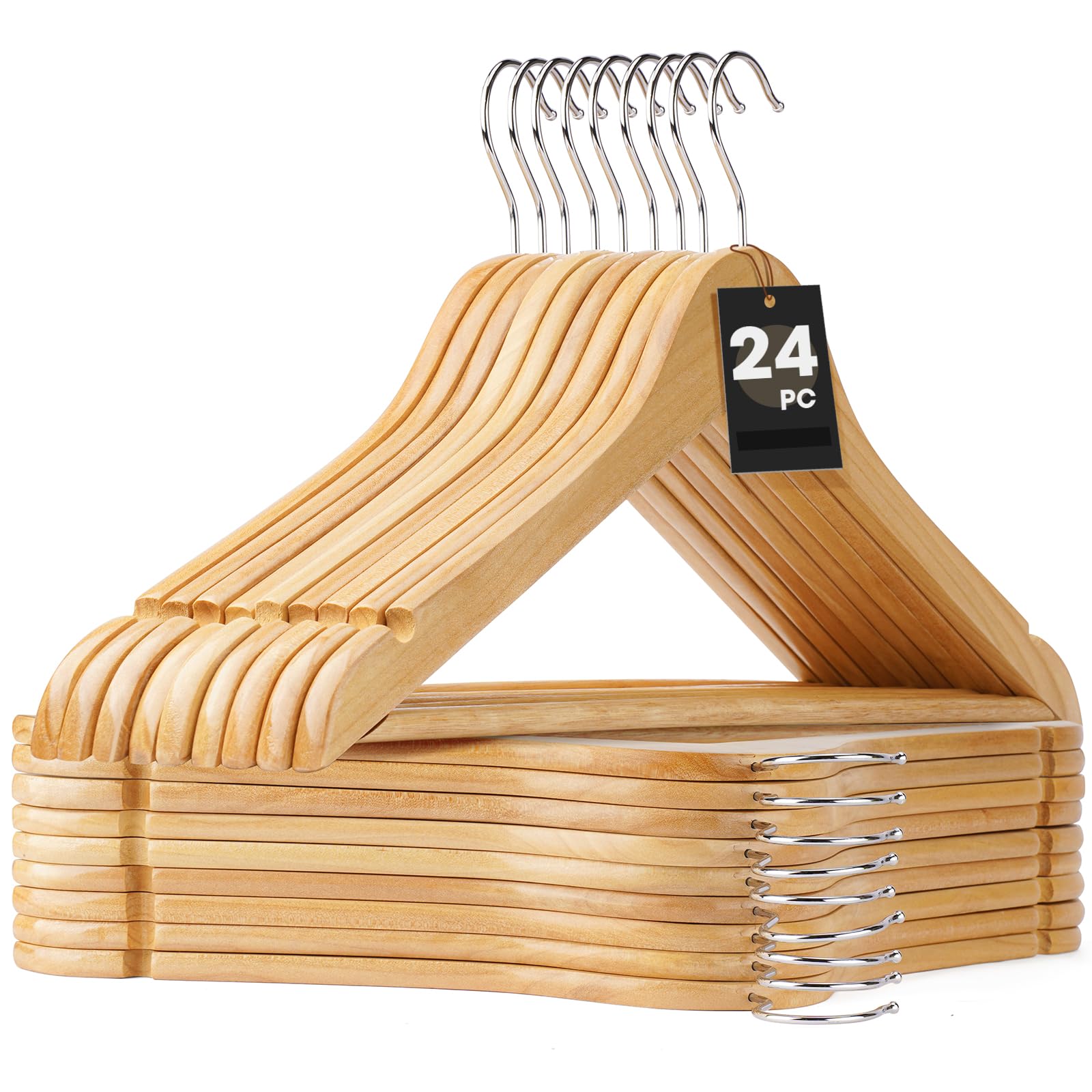 Korpai 24-Pack Wooden Hangers,Wooden Clothes Hangers with Smooth Shoulder Grooves,Suit Hangers with 360-Degree Rotatable Hook, Durable & Slim Wooden Hangers for Coats,Jackets,Dress,Pants ect,Natural