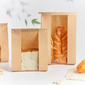 Ohuimrt 100 PCS Large Paper Bread Bags for Sourdough Bread, 13.7 x 8.2 x 3.5 Inches Bakery Bags with Window, Homemade Bread Loaf Bags with Tin Tie Tab Lock and Seal Stickers