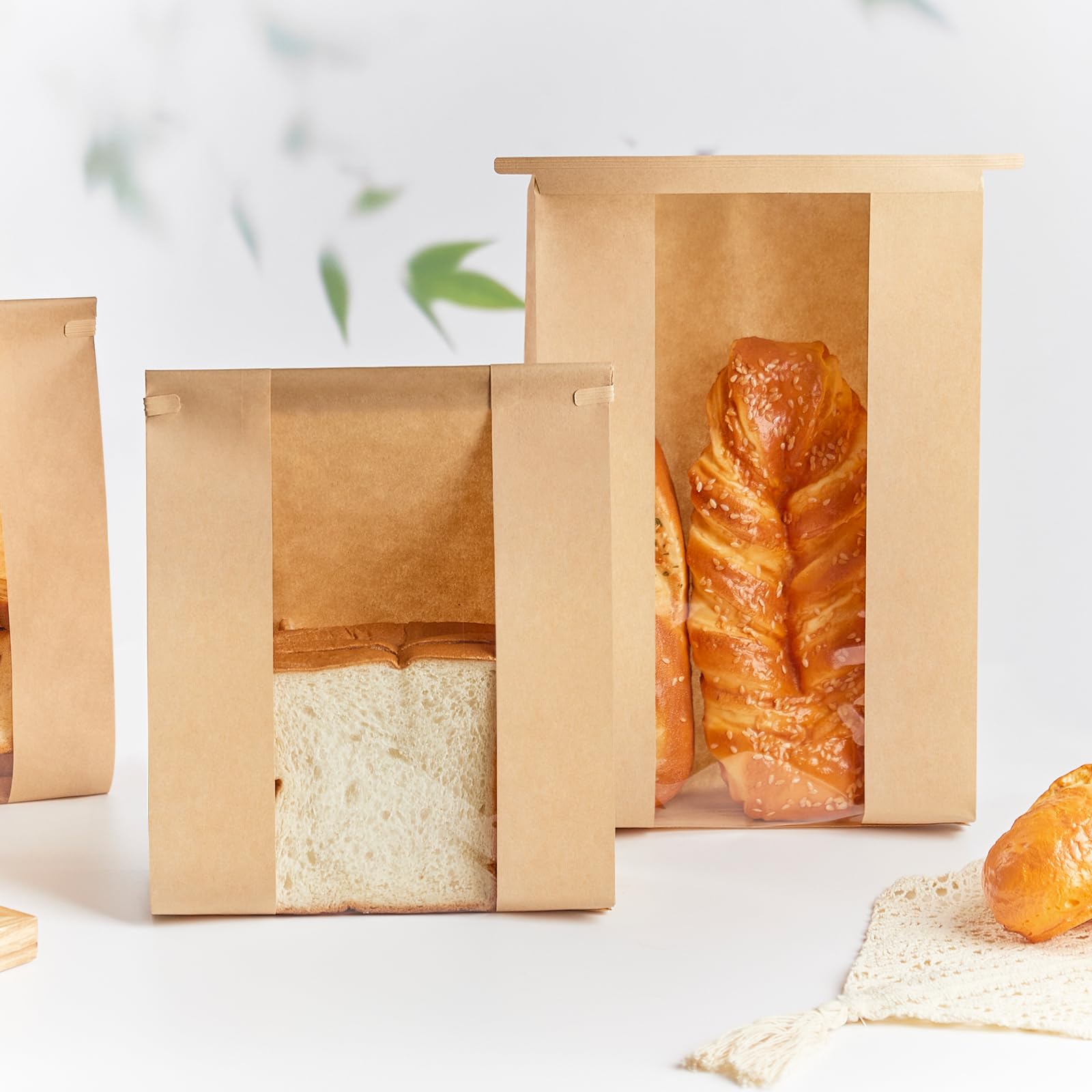 Ohuimrt 100 PCS Large Paper Bread Bags for Sourdough Bread, 13.7 x 8.2 x 3.5 Inches Bakery Bags with Window, Homemade Bread Loaf Bags with Tin Tie Tab Lock and Seal Stickers