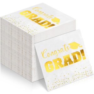 100 pcs graduation napkins party decorations, class of 2024 congrats gard paper cocktail napkins, white and gold foil napkins disposable for high school college graduation party supplies, gold