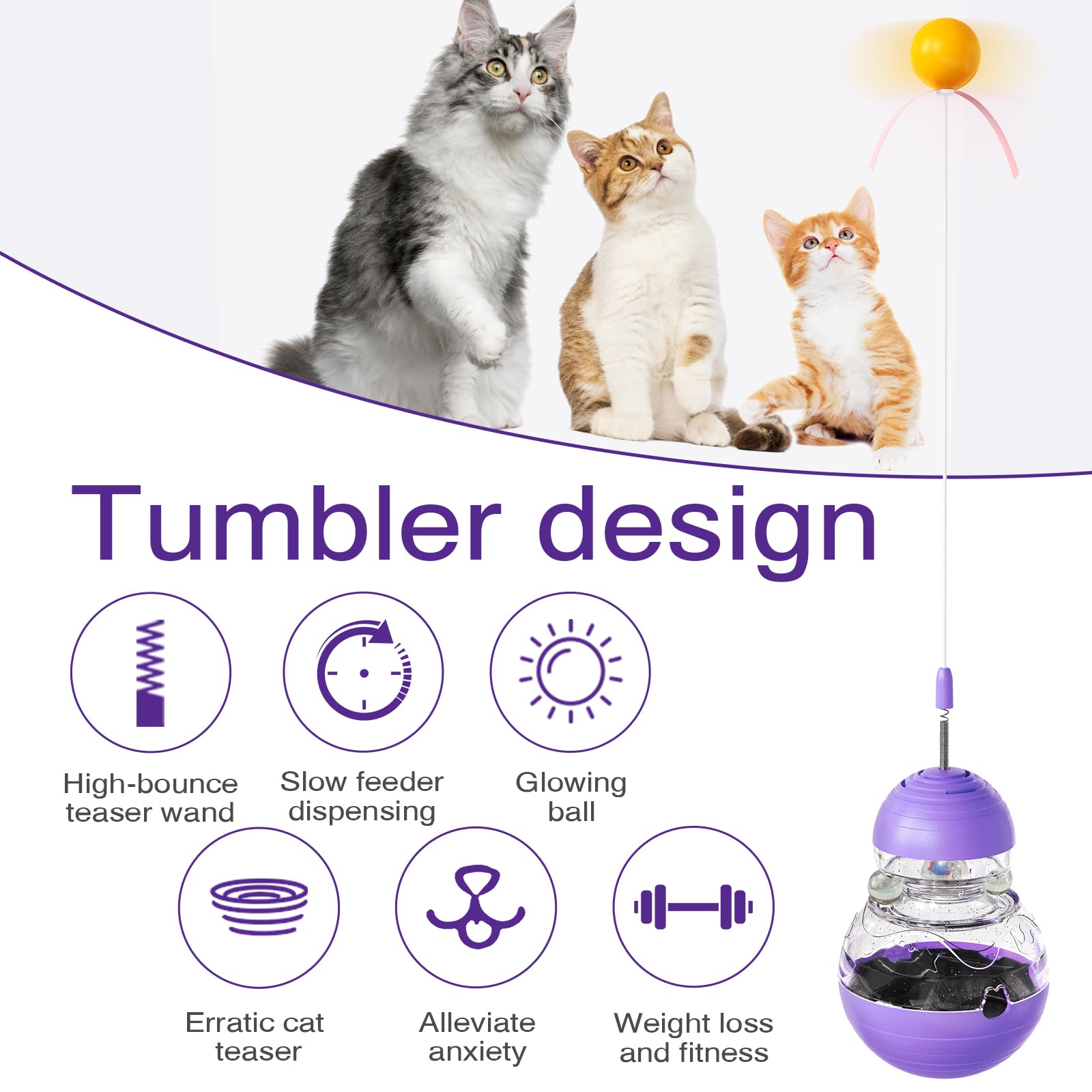 KONOATOR Interactive Cat Toy – Engaging Tumbler Design with Teaser Wand & Treat Dispenser – Durable, Non-Toxic, and Safe for Indoor Play – Ideal for Exercise and Boredom Relief (Purple)