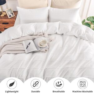 NEXHOME PRO 100% Organic Cotton Duvet Cover Queen Size, Linen Like Pleated Textured White Duvet Cover Set, 3pc Bedding Set with Zipper Closure, Soft, Lightweight and Breathable,90"x90", No Comforter