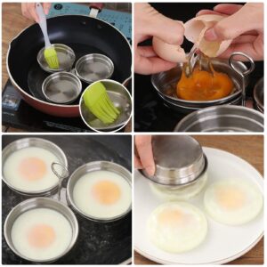 Stainless Steel Egg Poacher, 3 Poached Egg Cooker Cups Nonstick Poached Egg Pan Boiled Eggs Maker Egg Poacher Pan Cups Round Poached Egg Pan with Oil Brush and Spoon for Breakfast Boiled eggs