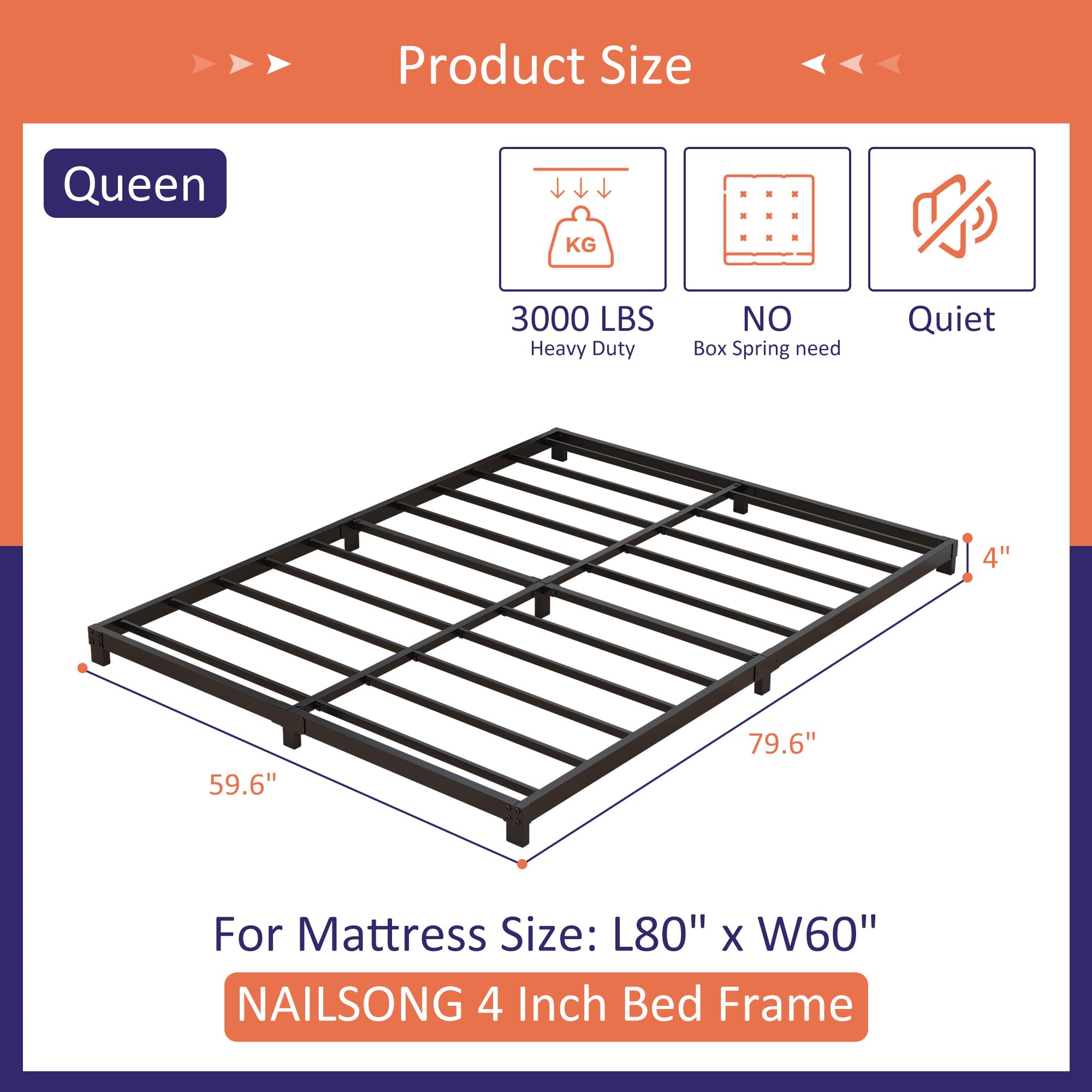 Nailsong 4 Inch Bed Frame Queen Size Low Profile, Queen Bed Frame No Box Spring Needed, Heavy Duty Metal, Easy Assembly, Black