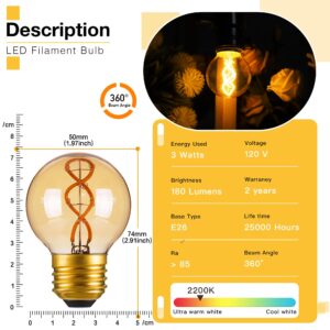 Genixgreen Dimmable E26 Amber LED Bulb Small Edison Light Bulb 25 Watt Equal 3W,G16.5/G50 Antique Globe Spiral Filament Bulb for Vanity Outdoor Light Strings,Soft White 2200K,180LM,2 Pack