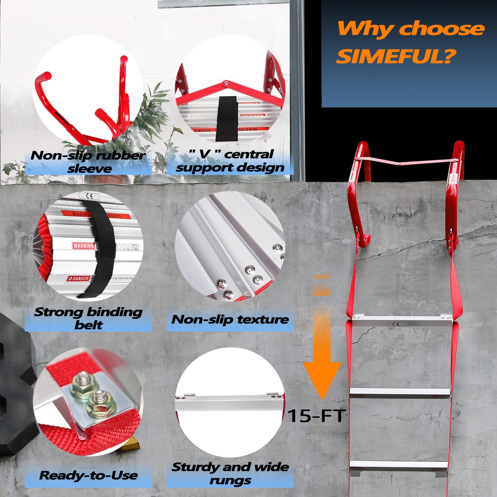 SIMEFUL Fire Escape Ladder, Emergency Fire Ladder 2 Story Window, Escape Ladders Extends to 15-Feet with Anti-Slip Rungs for Homes