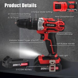 Cordless Drill Set, 20V Power Drill Kit with 2 X 2.0AH Battery, 44pcs Drill/Driver Bits, 1 Box Screws, Bubble Level, 3/8'' Chuck Electric Drill, 32NM, 21+3 Position, 2 Variable Speed