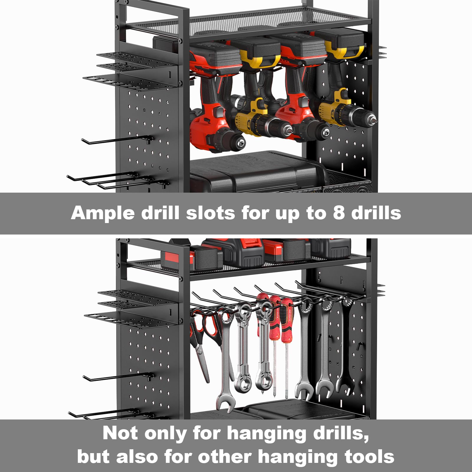 CCCEI Garage Power Tools Organizer Cart with Charging Station, Black Floor Standing Rolling Drill and Tools Battery Storage Cart on Wheels. Utility Rack Gift for Men, Husband, Father.