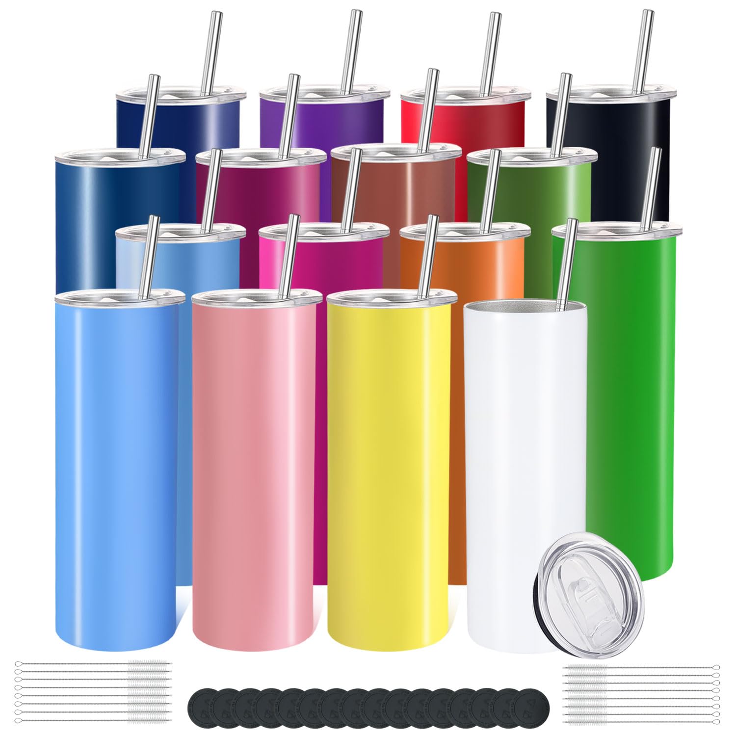 YOUKE OLA 16 Pack Skinny Tumblers 20oz Bulk Straight Stainless Steel Double Wall Vacuum Insulated Tumbler with Lid and Straw & Silicone Base for Travel, DIY, 16 Colors