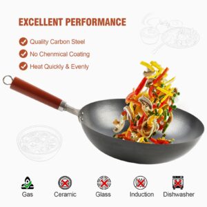 JLYO Never rust Hand Hammered Wok-Round Bottom Woks-12.6” Chinese Thickening Wok Set with 7 Pcs Cookware Accessories