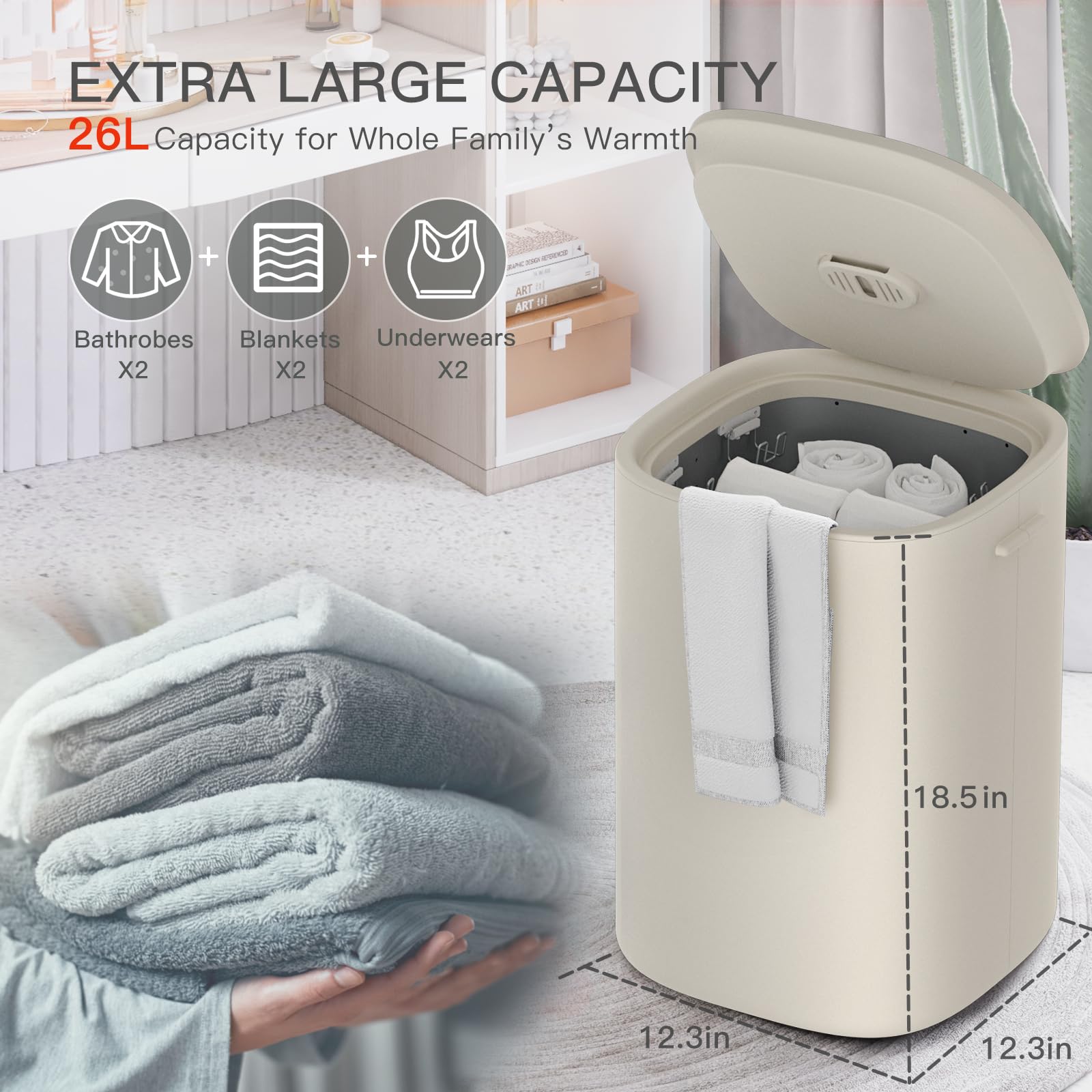 Towel Warmer Bucket, 26L Large Hot Towel Warmer with LED Display, Heat Timer 20/40/60 Min Adjustable, Up to 24 Hour Delay Timer, Fits Up to Two Oversized Towels - PJ, Bathrobe, Towel, Blue-Brown, A18