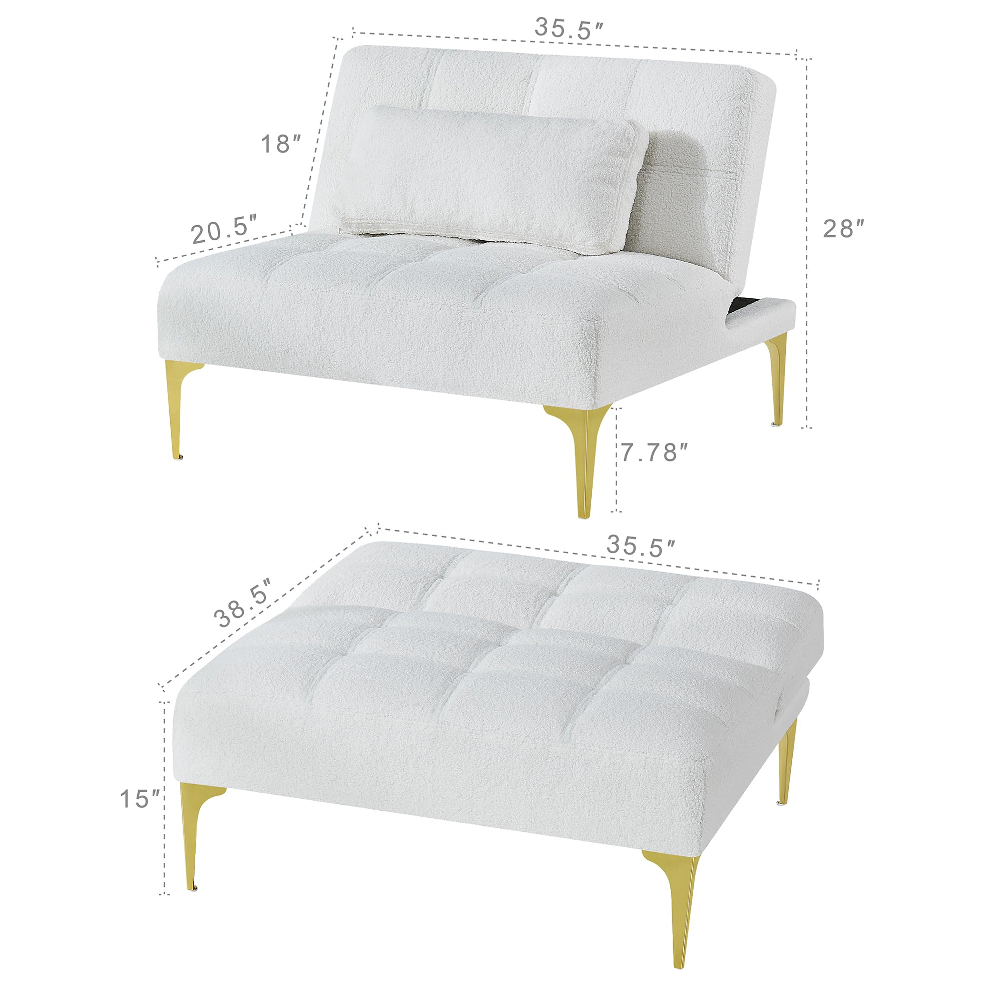 Convertible Single Sofa Bed Futon with Adjustable Backrest. Modern Teddy Fabric Leisure Multi-Functional Lounge Chair with Pillow and Gold Metal Legs for Small Living Room. Apartment or Studio (White)