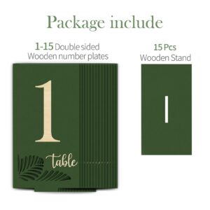 HZGUEOSTB Wooden Table Numbers 1-15,3.2x5.8 Inch Double Sided Rustic Olive Green Wedding Table Number Signs with Wooden Base,Wedding Centerpieces for Banquet Restaurant Party Decor(Olive Green, 1-15)