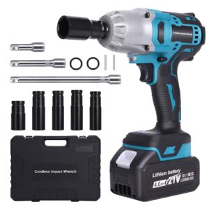 lakix 1/2 impact wrench cordless, impact gun torque 480 ft-lbs(650n.m) 3300rpm with brushless motor, 21v 4.0 li-ion battery, 3 extension bars and 5 sockets