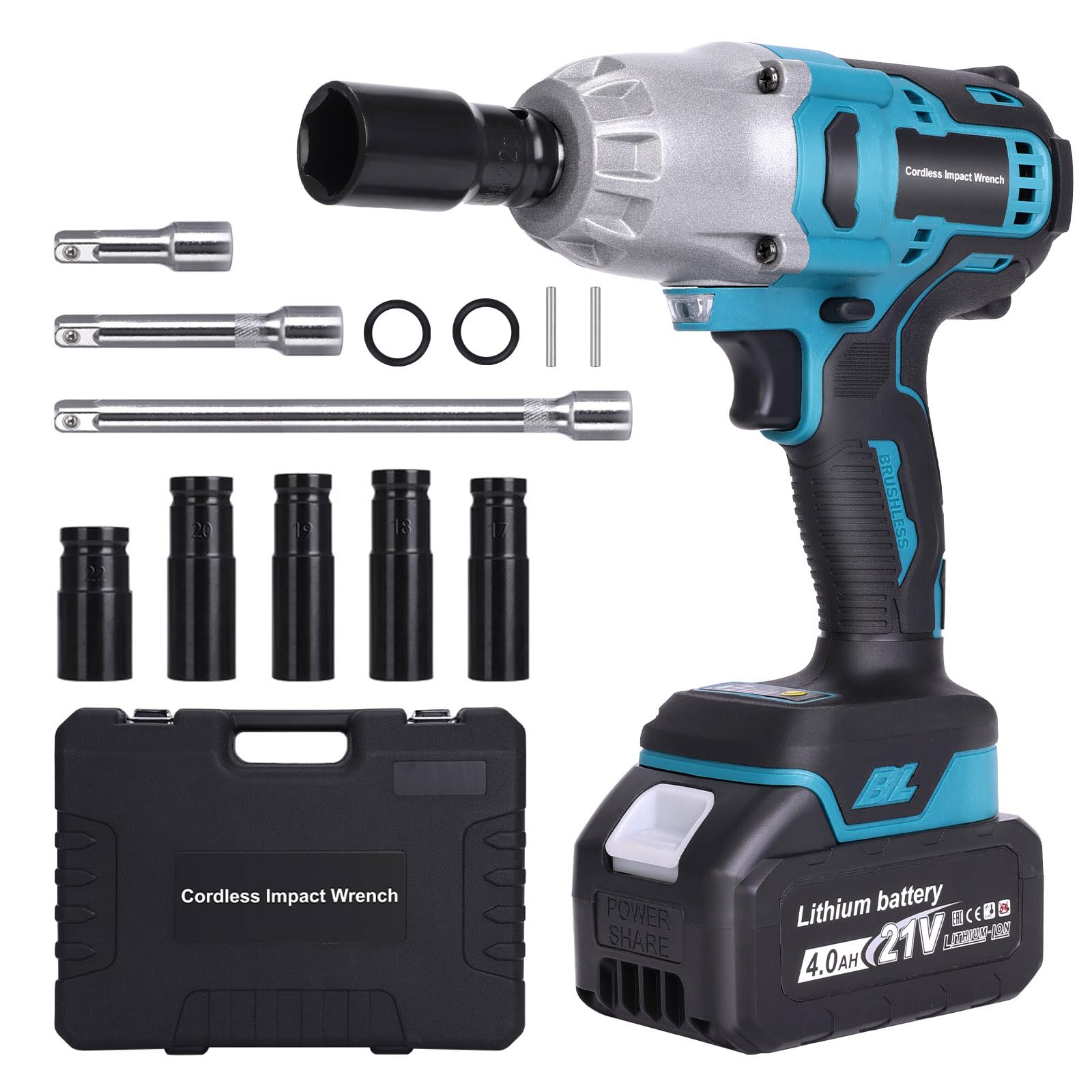 LAKIX 1/2 Impact Wrench Cordless, Impact Gun Torque 480 Ft-lbs(650N.m) 3300RPM with Brushless Motor, 21V 4.0 Li-ion Battery, 3 Extension Bars and 5 Sockets