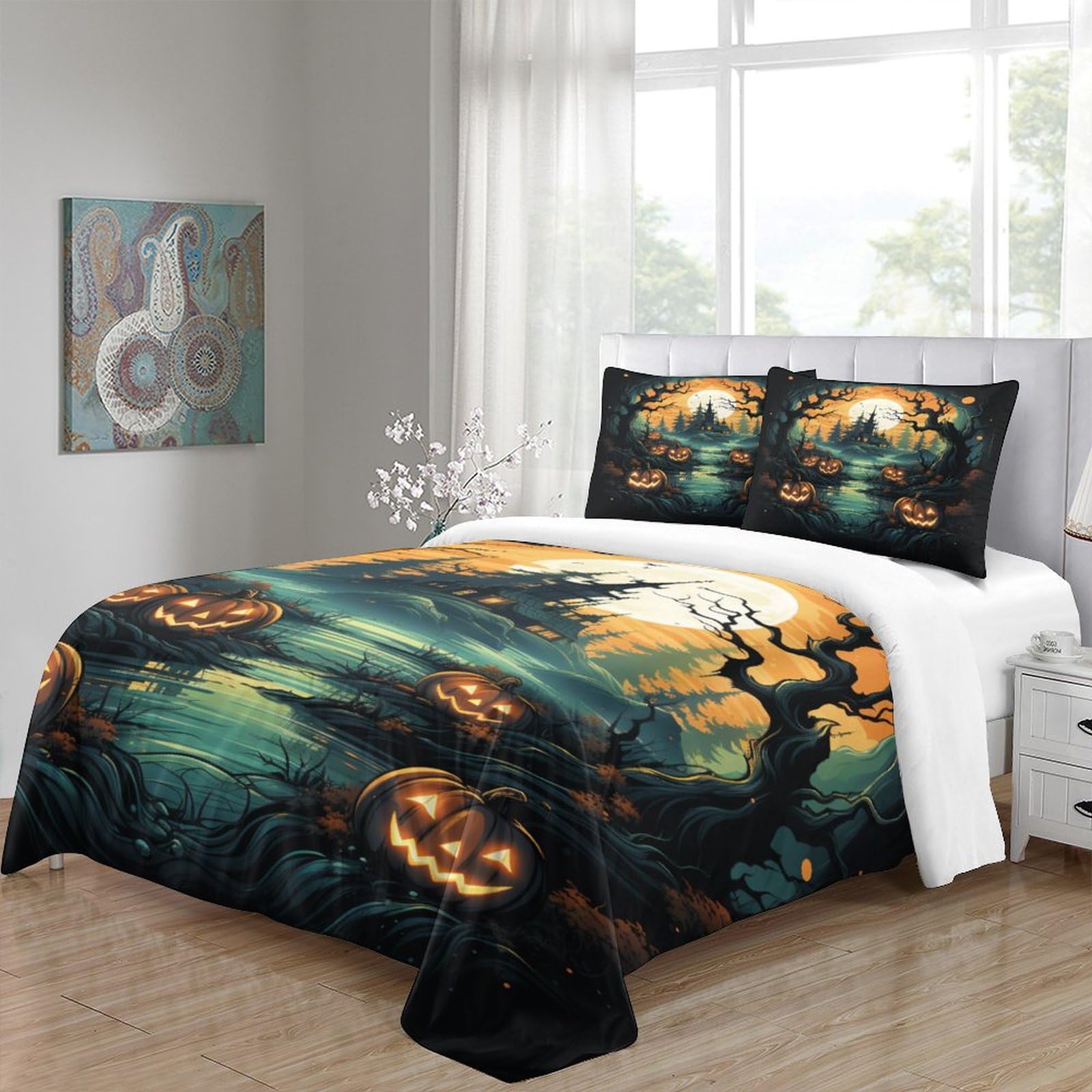 EVMILA Halloween Comforter Covers Duvet Cover Quilt Cover 3D Print Pumpkin for Teens and Adults with Pillow Cases with Zipper Closure Soft Microfiber Bedding Set 3 Pieces Queen（228x228cm）