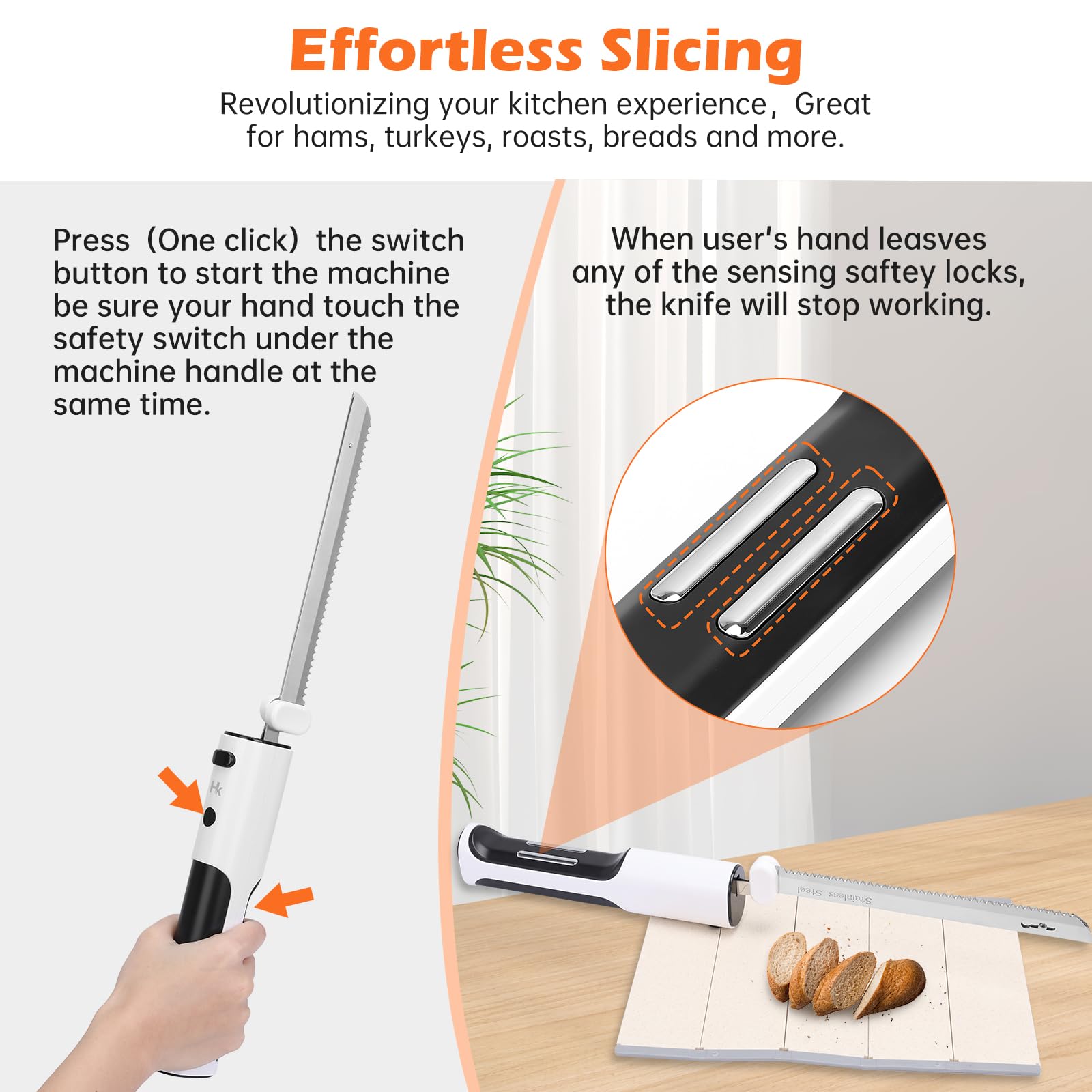 HK Cordless Electric Knife for Carving Meats, Poultry, Bread, Crafting Foam & More, Included Dual 304 Stainless Steel Blades, Fork, Foldable Cutting Board