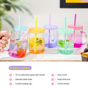 AGH 6 Pack Sublimation Glass Blanks with Colorful Lid and Straw, 16oz Gradient Colorful Glass Sublimation Beer Can with Handle, Sublimation Glass Cups, Sublimation Glass Tumblers