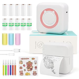 mxiixm mini sticker printer, portable mini pocket printer for iphone, smart inkless thermal printer with 13 roll papers, bluetooth mini printer for notes, photos, stickers, labels, receipts (pink)