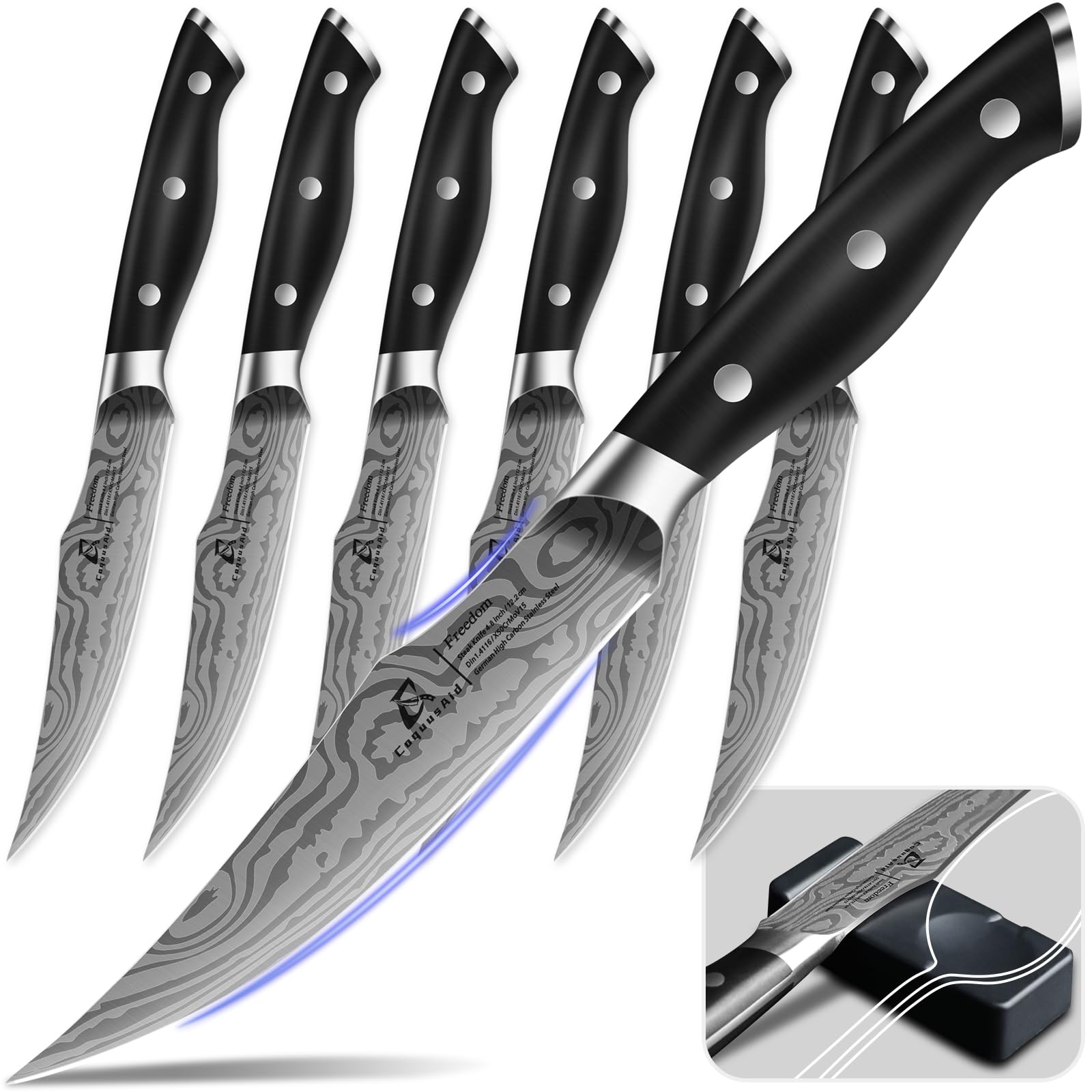 CoquusAid Steak Knives Set of 6, 4.8 Inch Non Serrated Razor-Sharp Durable Dinner knives with Rest, German Stainless Steel Damascus Pattern Full Tang Forged, Rust Resistant & Easy to Maintain