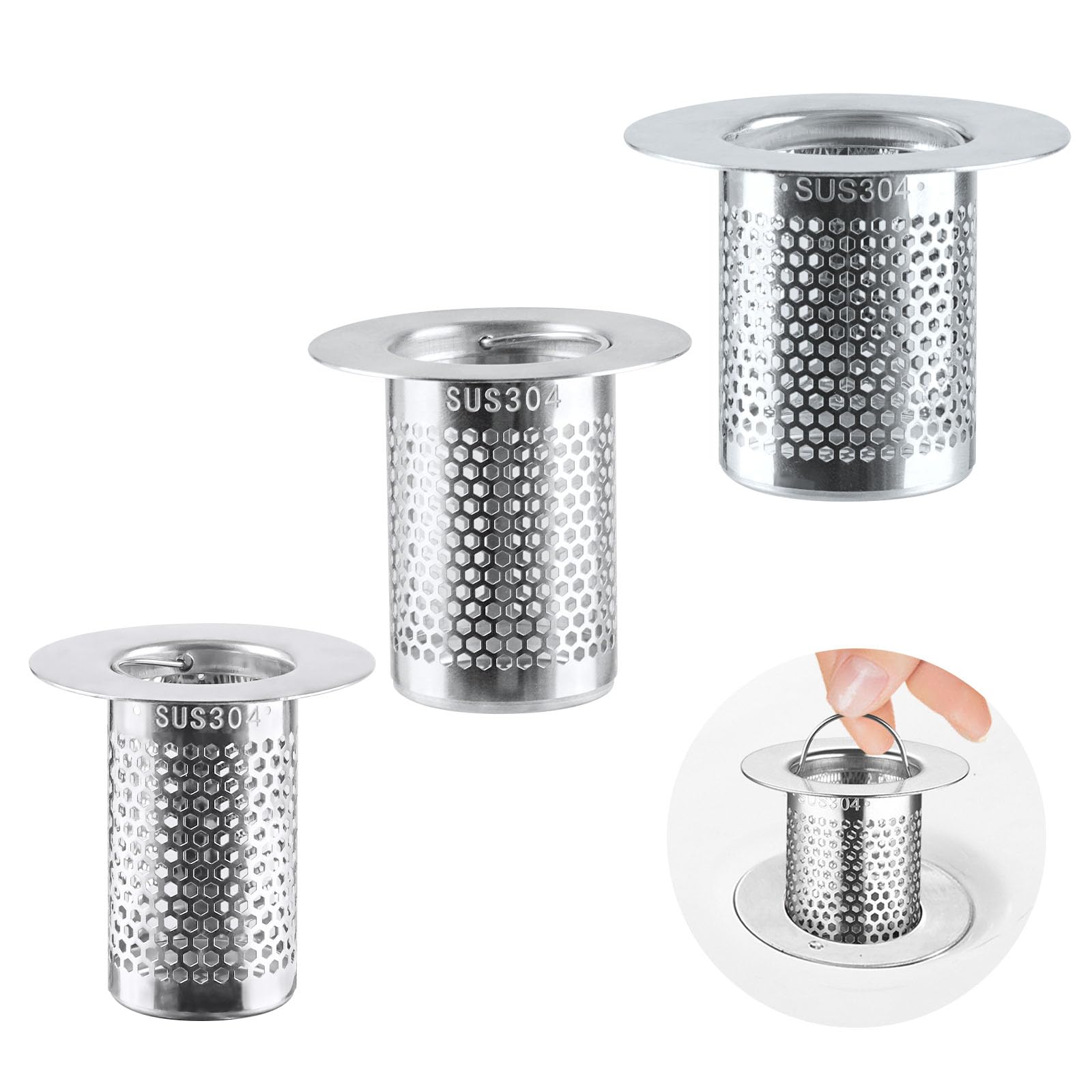 3 Pack Sink Drain Strainer - Stainless Steel Bathtub Shower Drain Hair Stopper Strainer for Shower Bathroom Kitchen Sink Prevent Clogging, with Handle (1.97"& 2.17"& 2.56")