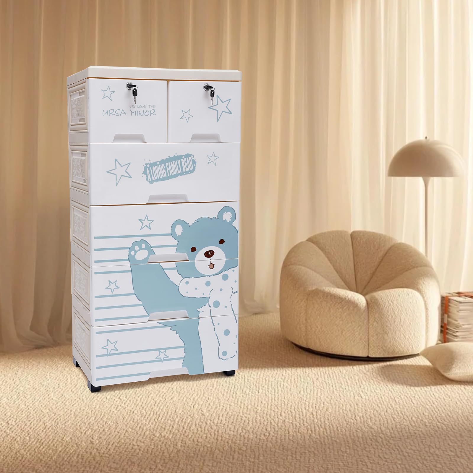 FOGGBET Plastic Drawers Dresser 6 Drawers Plastic Closet Drawers with Lock Tall Dresser Organizer for Clothes Small Closet Organizer Shelf Lockable Storage Cabinet Drawers Organizer (Polar Bear)