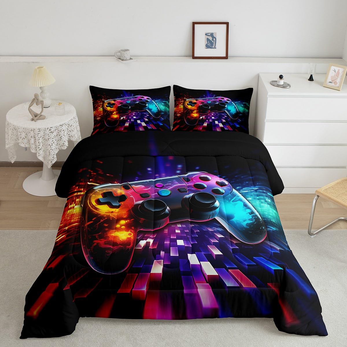 Manfei Modern Gamer Comforter Set Full Size, Geometric Gamepad Down Comforter with 2 Pillowcases, Video Games Bedding Set 3pcs for Kids Boys Teens Bedroom Decor Gaming Reversible Duvet Insert