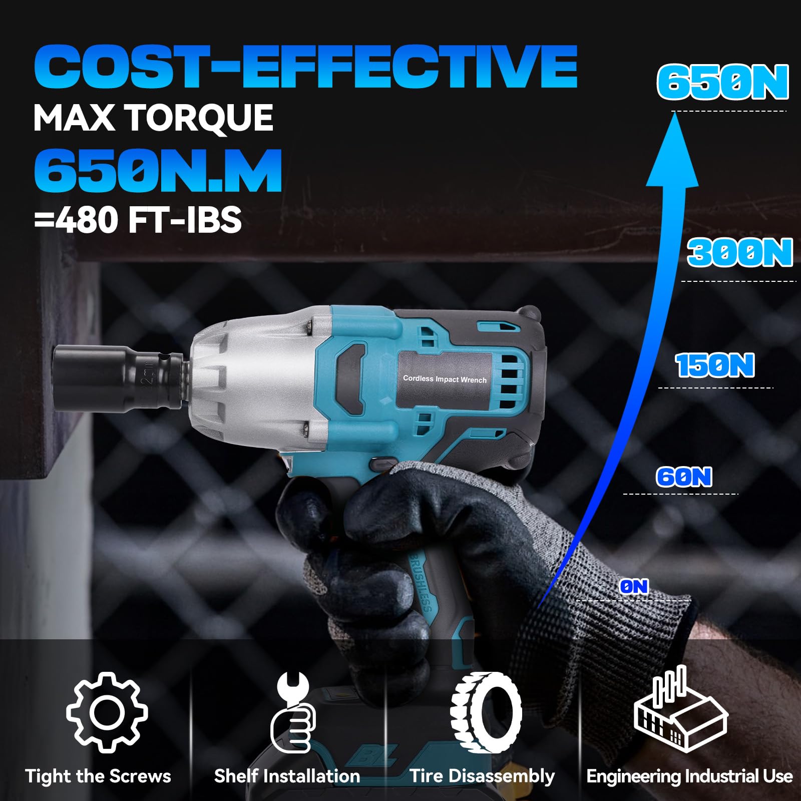 LAKIX 1/2 Impact Wrench Cordless, Impact Gun Torque 480 Ft-lbs(650N.m) 3300RPM with Brushless Motor, 21V 4.0 Li-ion Battery, 3 Extension Bars and 5 Sockets