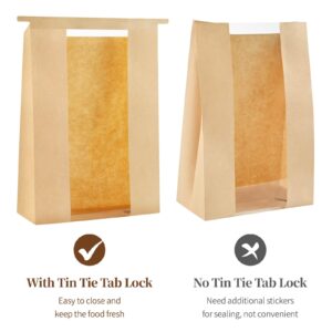 Ohuimrt 100 PCS Large Paper Bread Bags for Sourdough Bread, 13.7 x 8.2 x 3.5 Inches Bakery Bags with Window, Homemade Bread Loaf Bags with Tin Tie Tab Lock and Seal Stickers