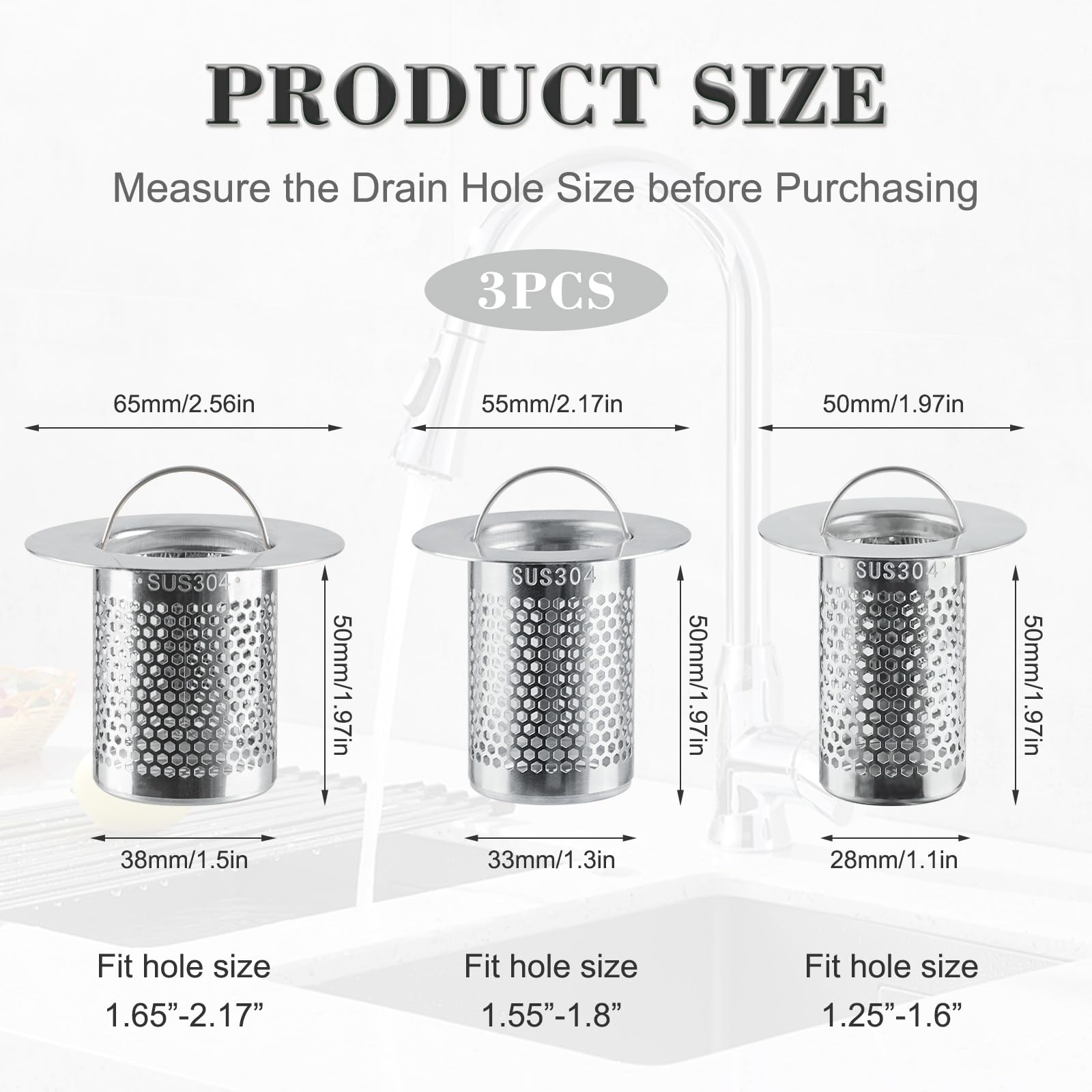 3 Pack Sink Drain Strainer - Stainless Steel Bathtub Shower Drain Hair Stopper Strainer for Shower Bathroom Kitchen Sink Prevent Clogging, with Handle (1.97"& 2.17"& 2.56")