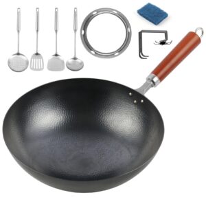 jlyo never rust hand hammered wok-round bottom woks-12.6” chinese thickening wok set with 7 pcs cookware accessories