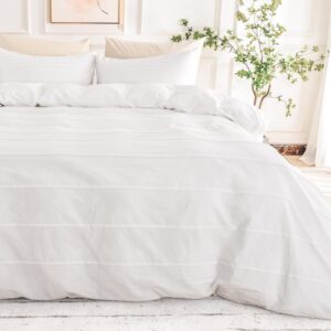 nexhome pro 100% organic cotton duvet cover queen size, linen like pleated textured white duvet cover set, 3pc bedding set with zipper closure, soft, lightweight and breathable,90"x90", no comforter