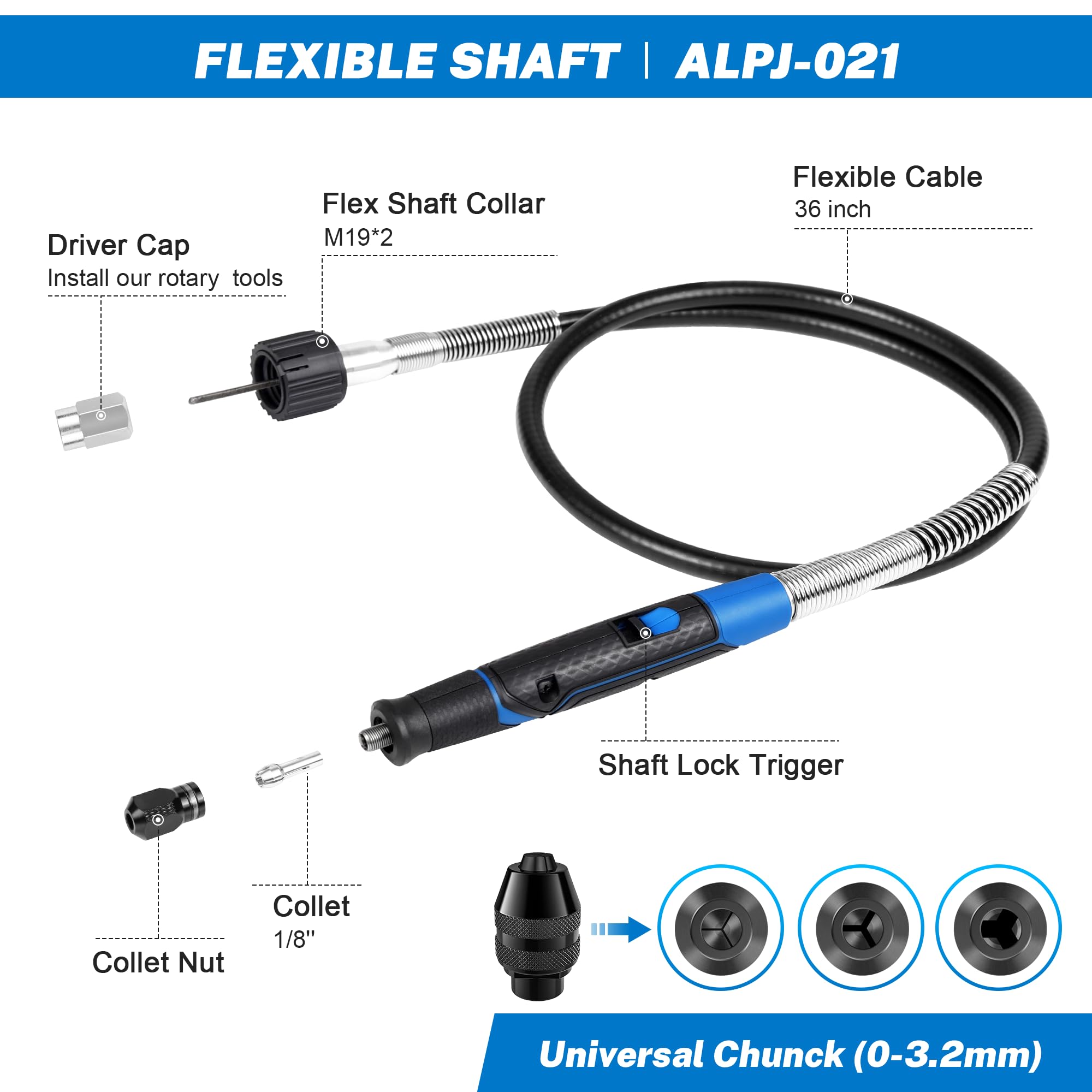 SALIGTEKH Flexible shaft Rotary Tool Attachment, Keyless Chuck 1/32” (0.8mm) to 1/8” (3.2mm),36” Long Cable, Flexible Flex Shaft with DIY for Engraving Tool, Polishing, Cleaning, Drilling