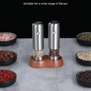 FORLIM Mini Electric Salt and Pepper Grinder Set with Wood Base, USB Rechargeable, Small Automatic Salt Pepper Mill Grinder, Travel/Outdoor BBQ/Children, One-Button Control (2 Packs, Stainless Steel)