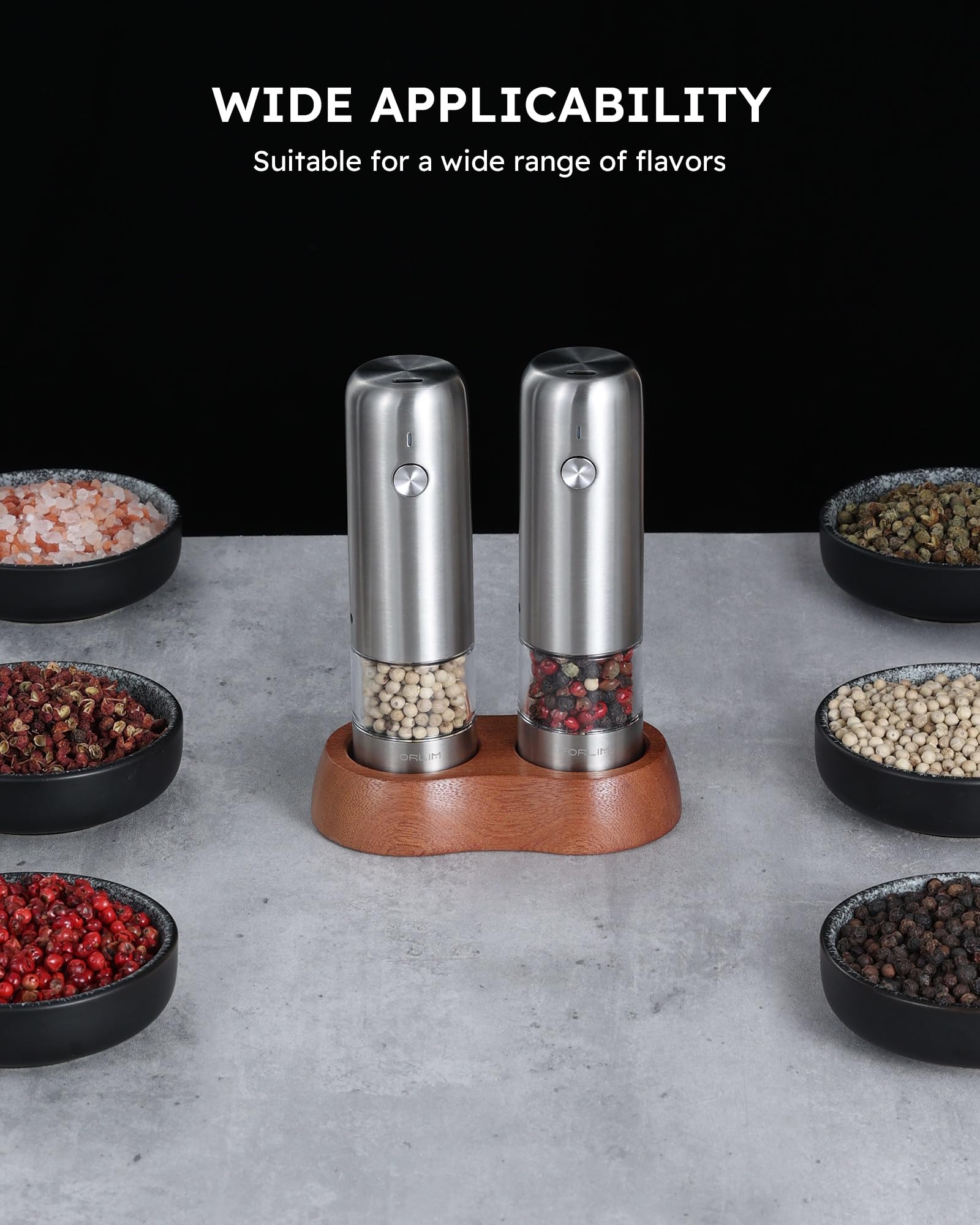 FORLIM Mini Electric Salt and Pepper Grinder Set with Wood Base, USB Rechargeable, Small Automatic Salt Pepper Mill Grinder, Travel/Outdoor BBQ/Children, One-Button Control (2 Packs, Stainless Steel)