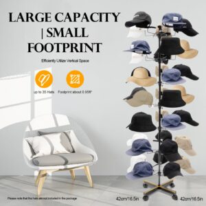 7 Tiers Rotating Hat Display Rack Stand w/ 35-Hooks Hat,Free Standing Hat Holder Storage Organizer,Floor Stand Display Holder Headwear Retail Store Black Hat/Wig/Cap Hanger Rack with Wheels