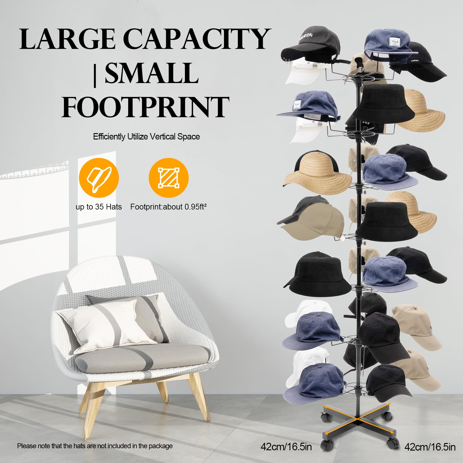 7 Tiers Rotating Hat Display Rack Stand w/ 35-Hooks Hat,Free Standing Hat Holder Storage Organizer,Floor Stand Display Holder Headwear Retail Store Black Hat/Wig/Cap Hanger Rack with Wheels