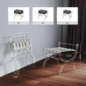 Byingo Acrylic Luggage Rack with High Back Support Bar, Foldable Suitcase Stand with Leather Straps for Guest Room, Bedroom, Hotel, Holds Up to 50-100 lb, Modern, Portable, Easy to Use, Heavy-Duty