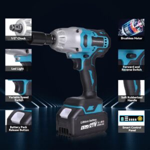 LAKIX 1/2 Impact Wrench Cordless, Impact Gun Torque 480 Ft-lbs(650N.m) 3300RPM with Brushless Motor, 21V 4.0 Li-ion Battery, 3 Extension Bars and 5 Sockets