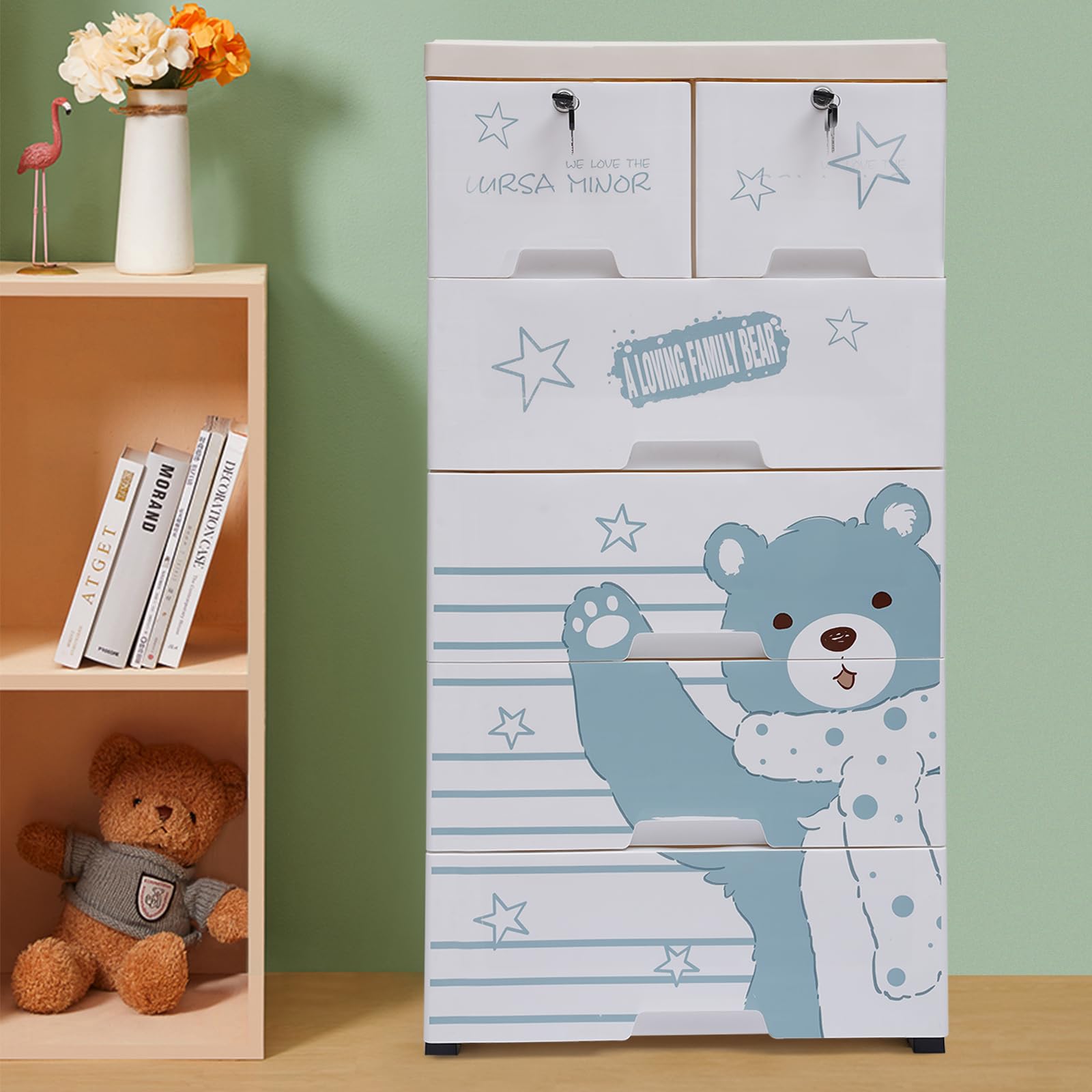 FOGGBET Plastic Drawers Dresser 6 Drawers Plastic Closet Drawers with Lock Tall Dresser Organizer for Clothes Small Closet Organizer Shelf Lockable Storage Cabinet Drawers Organizer (Polar Bear)