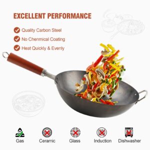 JLYO Carbon Steel Wok Pan - 14.2 “ Traditional Chinese Japanese Woks -Round Bottom Wok Pan Set with 7 Pcs Cookware Accessories - Hand Hammered Wok(14.2", Blue)