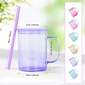 AGH 6 Pack Sublimation Glass Blanks with Colorful Lid and Straw, 16oz Gradient Colorful Glass Sublimation Beer Can with Handle, Sublimation Glass Cups, Sublimation Glass Tumblers