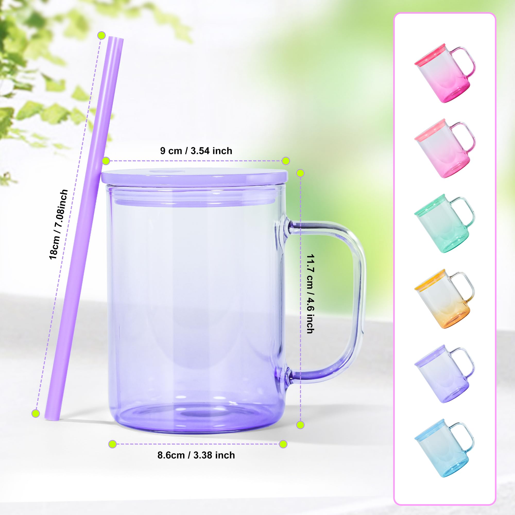 AGH 6 Pack Sublimation Glass Blanks with Colorful Lid and Straw, 16oz Gradient Colorful Glass Sublimation Beer Can with Handle, Sublimation Glass Cups, Sublimation Glass Tumblers